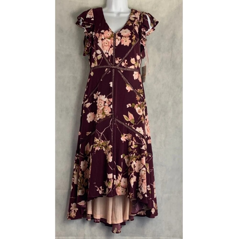 Taylor Women's Crochet-Trim Flutter-Sleeve Midi Dress, Wine Red Floral